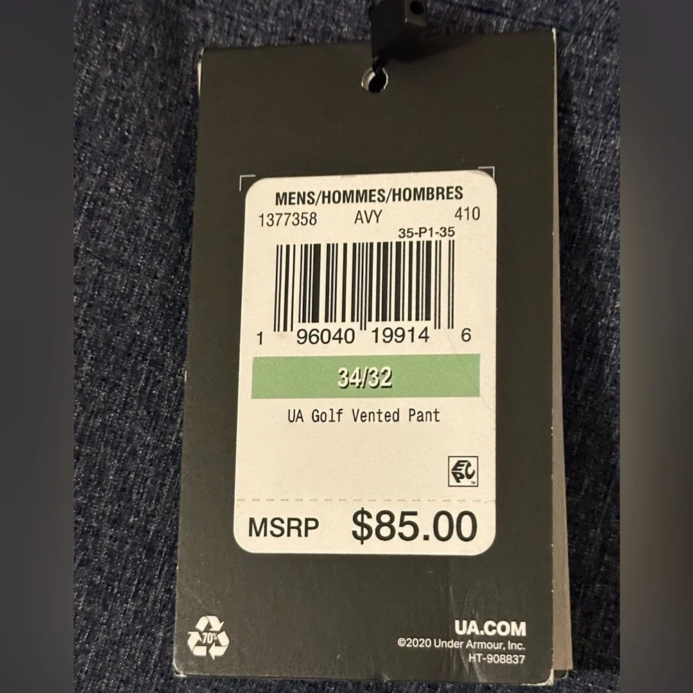 Under Armour Golf Pants Men Blue Vented Straight Stretch Repels Water NWT 34/32